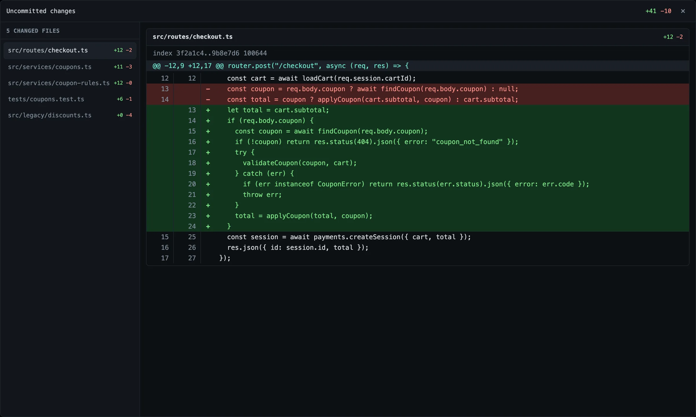 The diff viewer showing several changed files