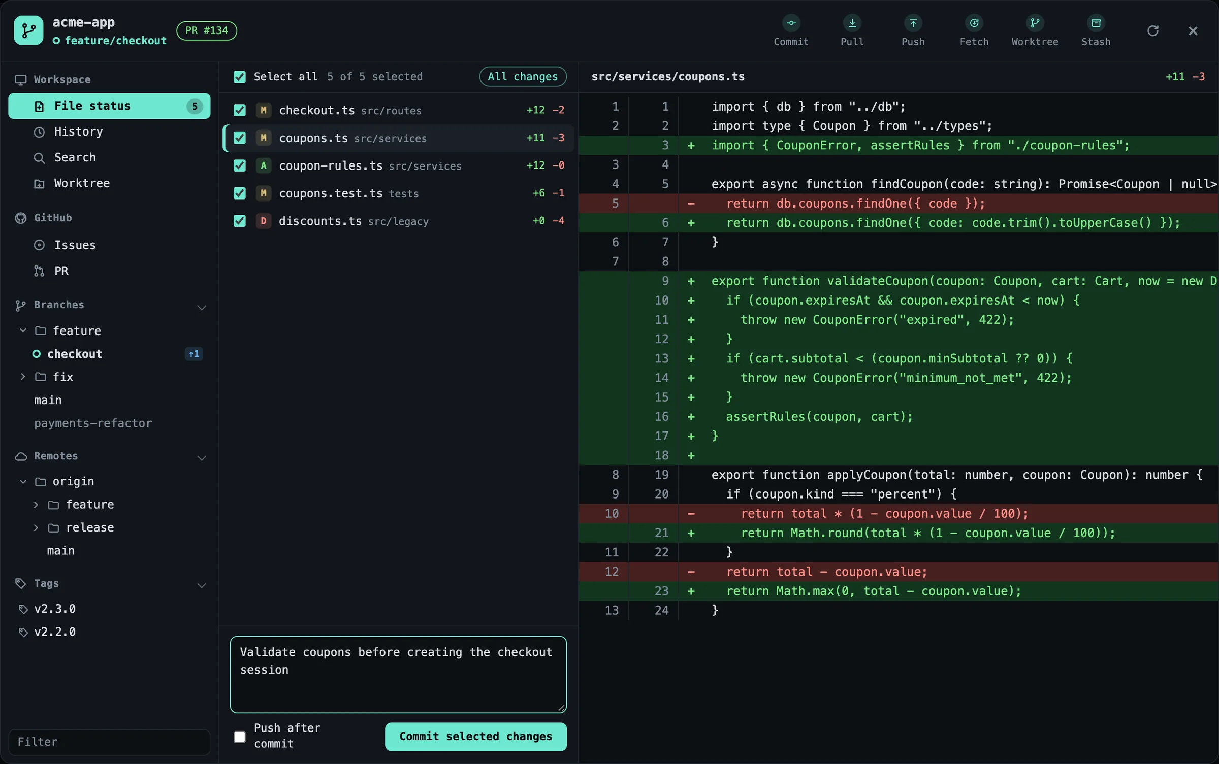 The Git window's File status view with checkboxes, a line-numbered diff, and the commit box