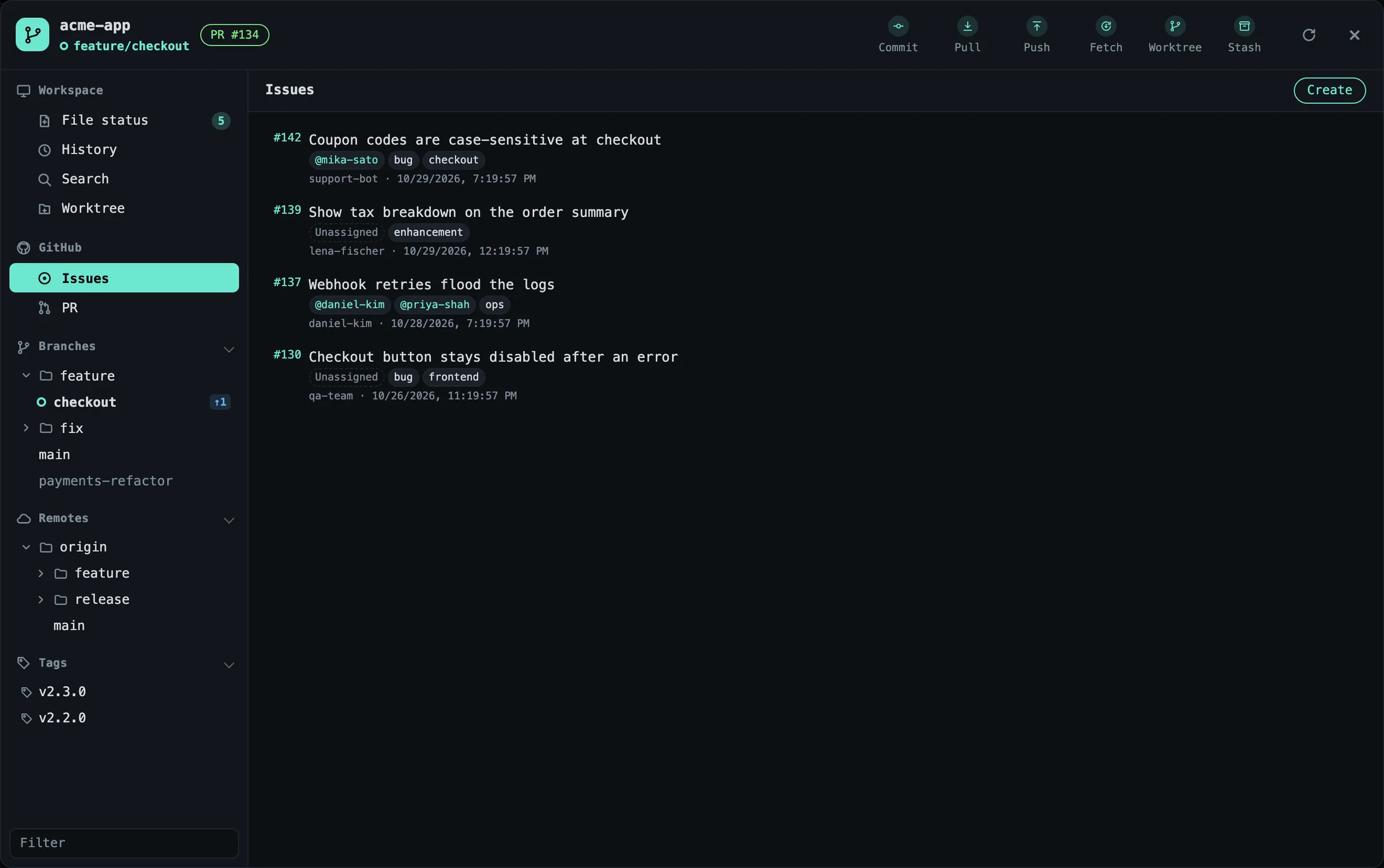 The issue list and an issue's details in the Git window