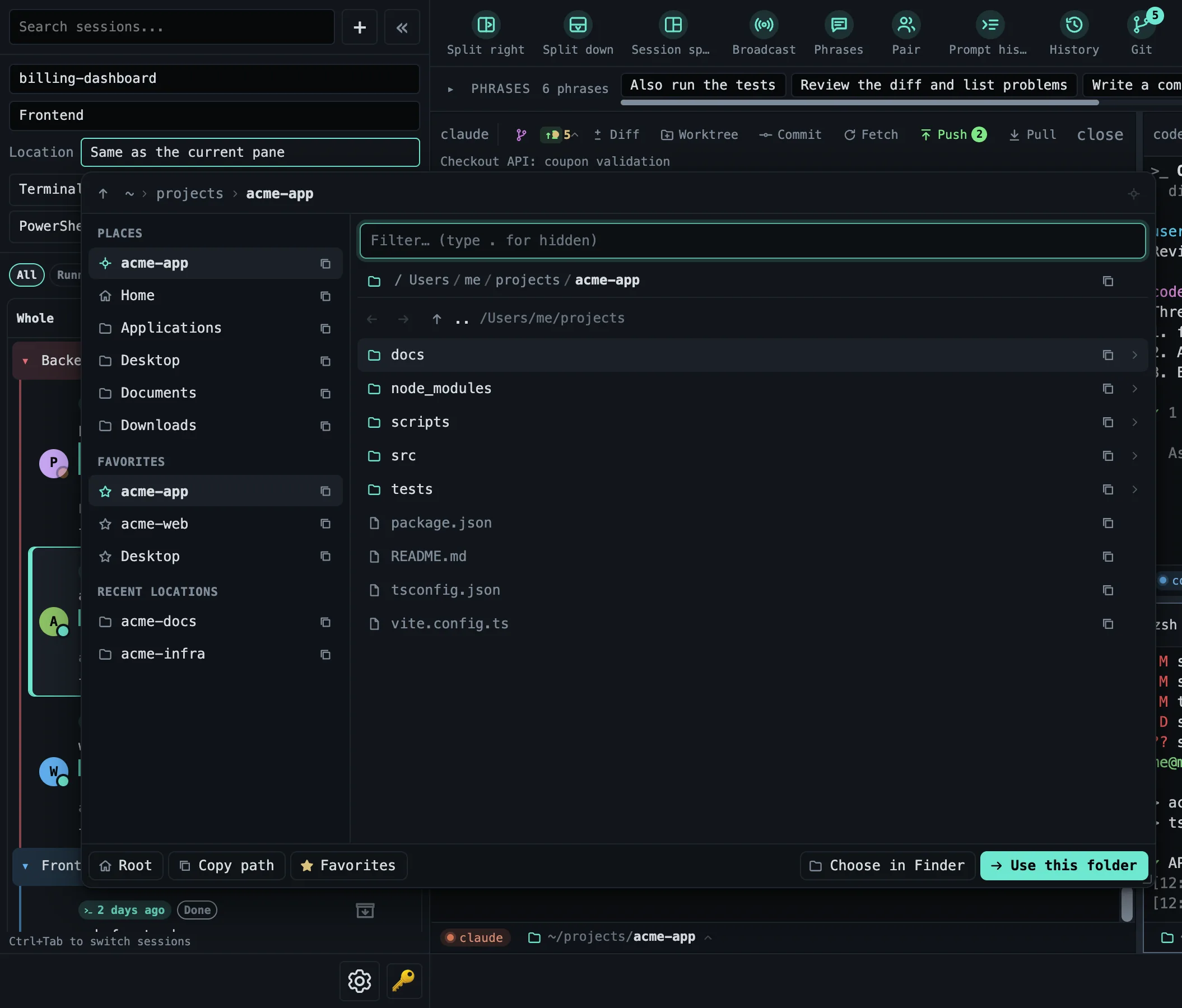 The new session form with name, group, location, shell, and note fields