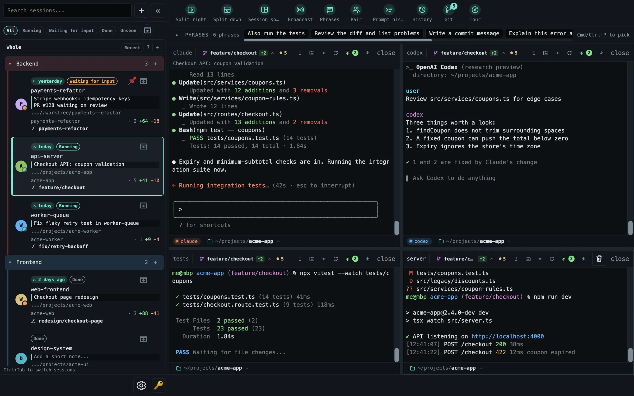 One session split into four terminal panes
