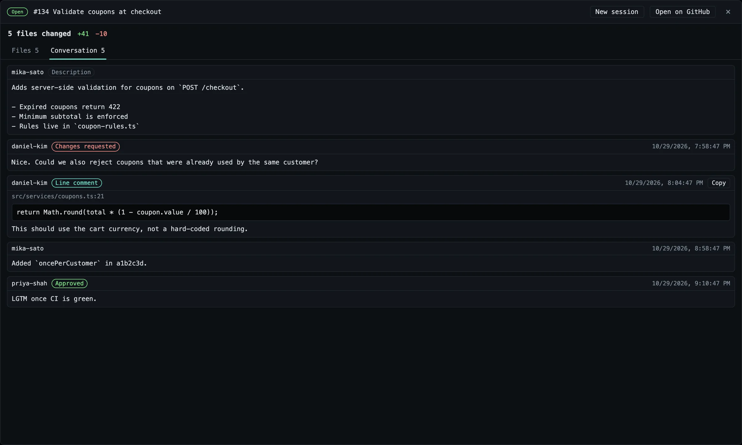 A pull request's conversation with review comments in the Git window