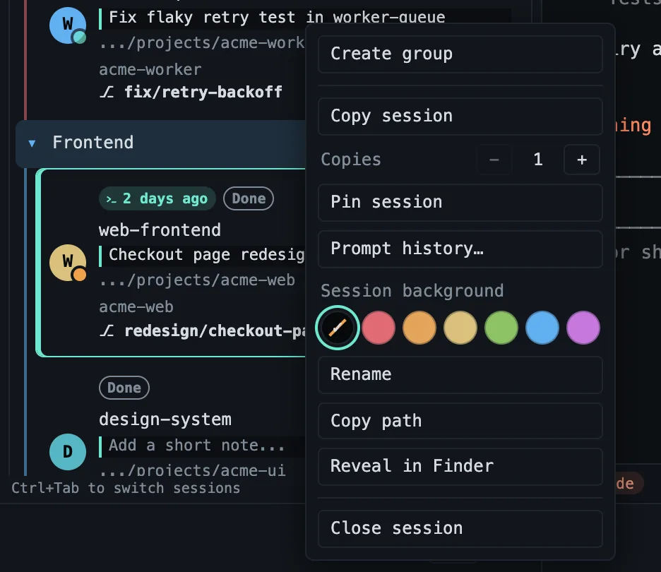 The session context menu with Copy session, Pin session, Session background, Rename, and Add note