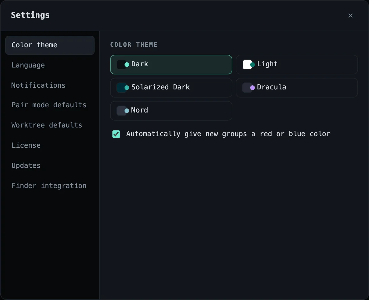 The Settings panel