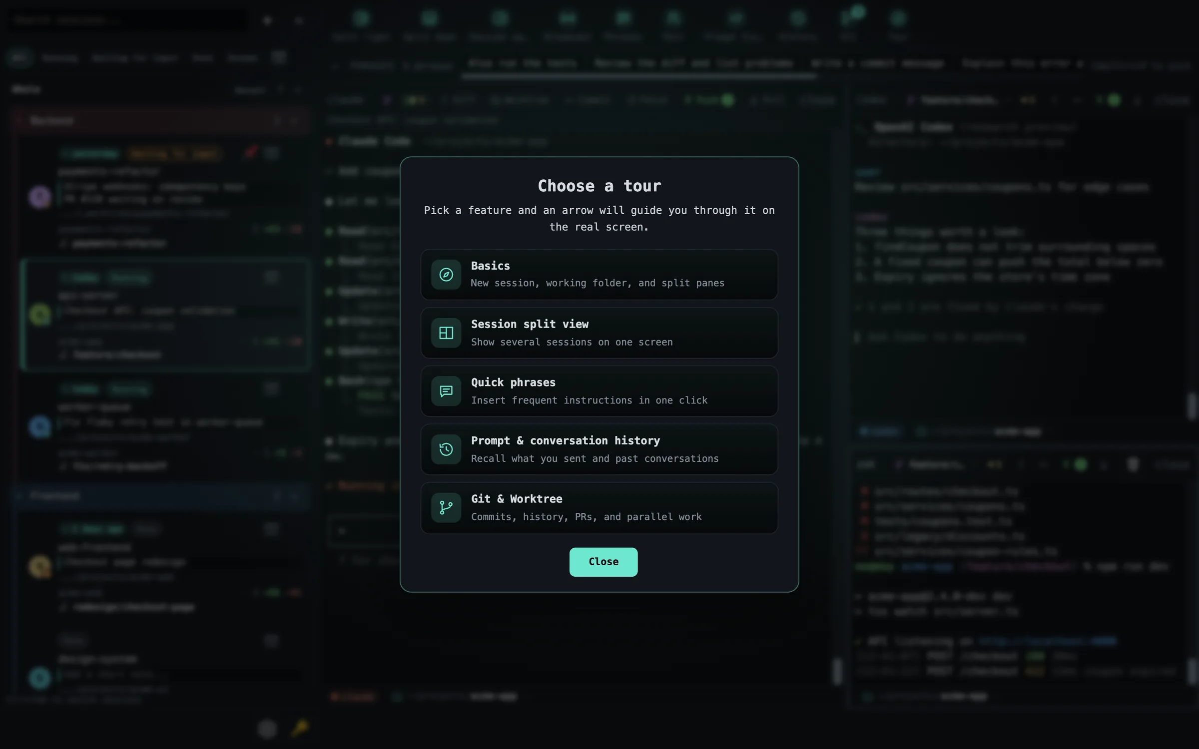 The tour picker listing Basics, Session split view, Quick phrases, Prompt & conversation history, and Git & Worktree